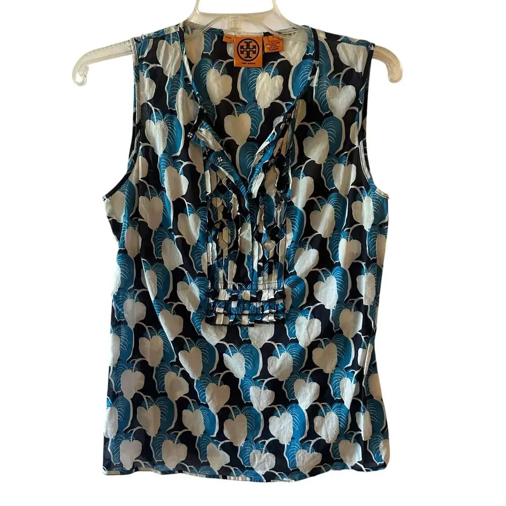 Tory Burch Leaf Print Snap Top Womens Size 6 Blue White Sleeveless Shell